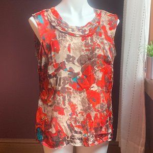 KASPER  Red Taupe Blue Abstract Floral Sleeveless Ruched Neckline Blouse L